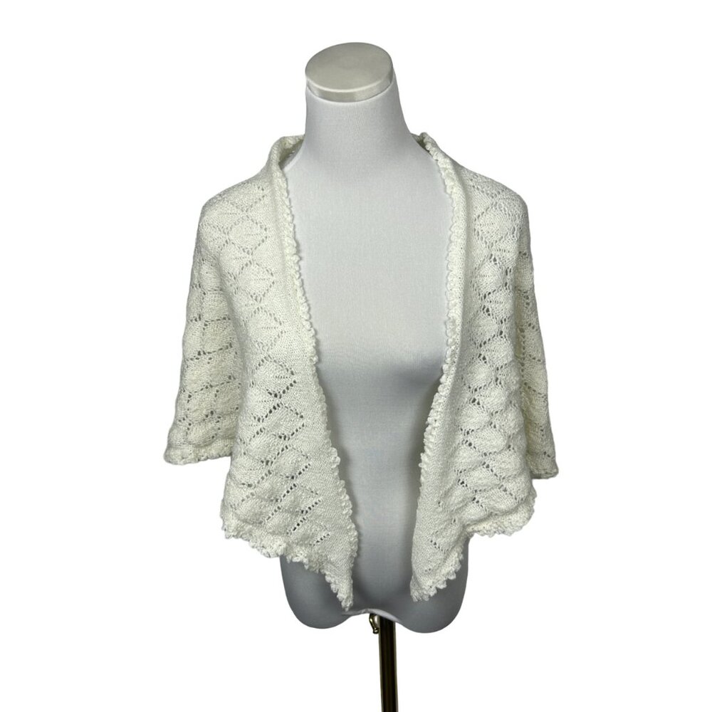 Vintage Knit Triangle Shawl Wrap Handmade Lace Diamond White Scalloped